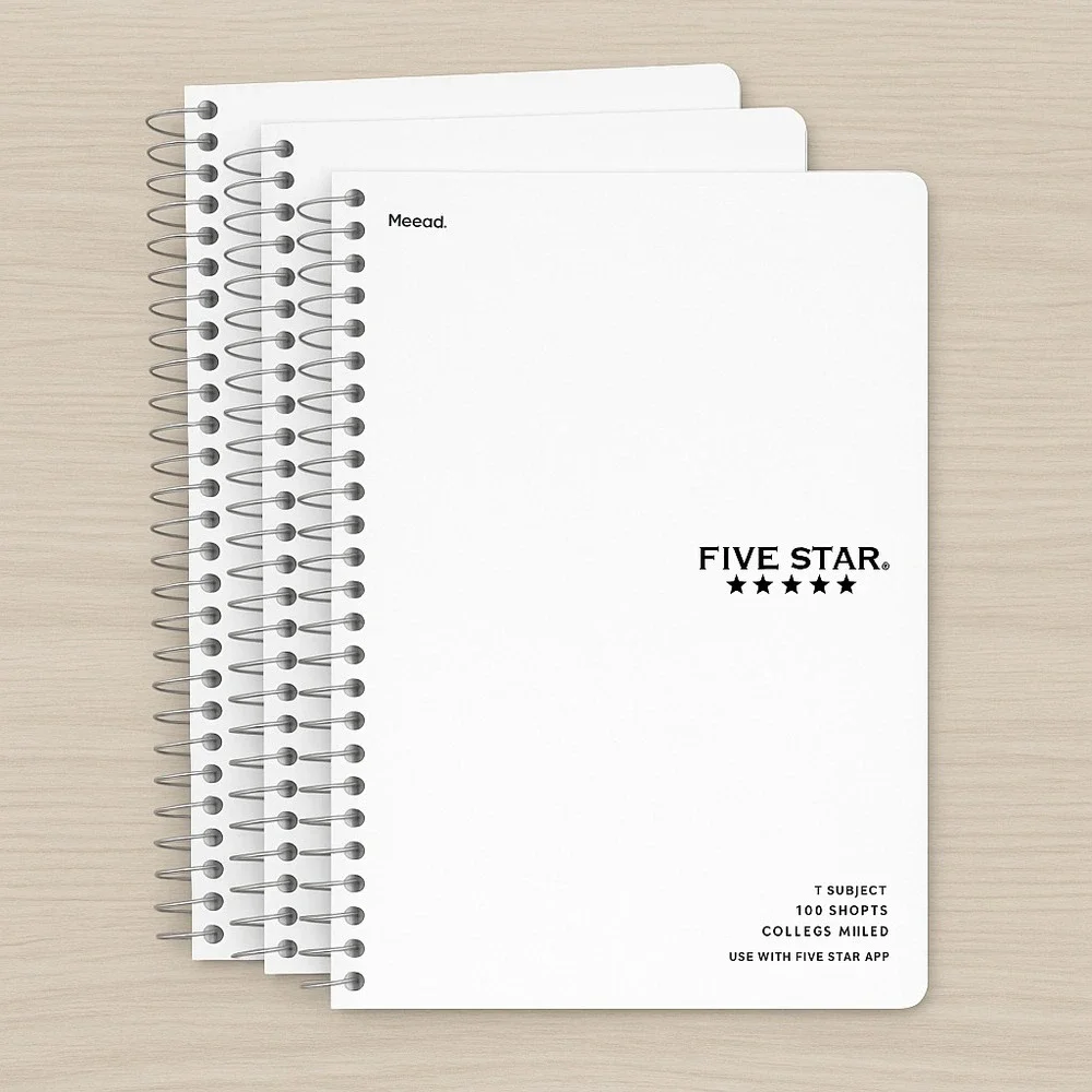 3x Five Star Spiral Notebook College Ruled 100 Sheets White 1-Subject 72456 NEW‎